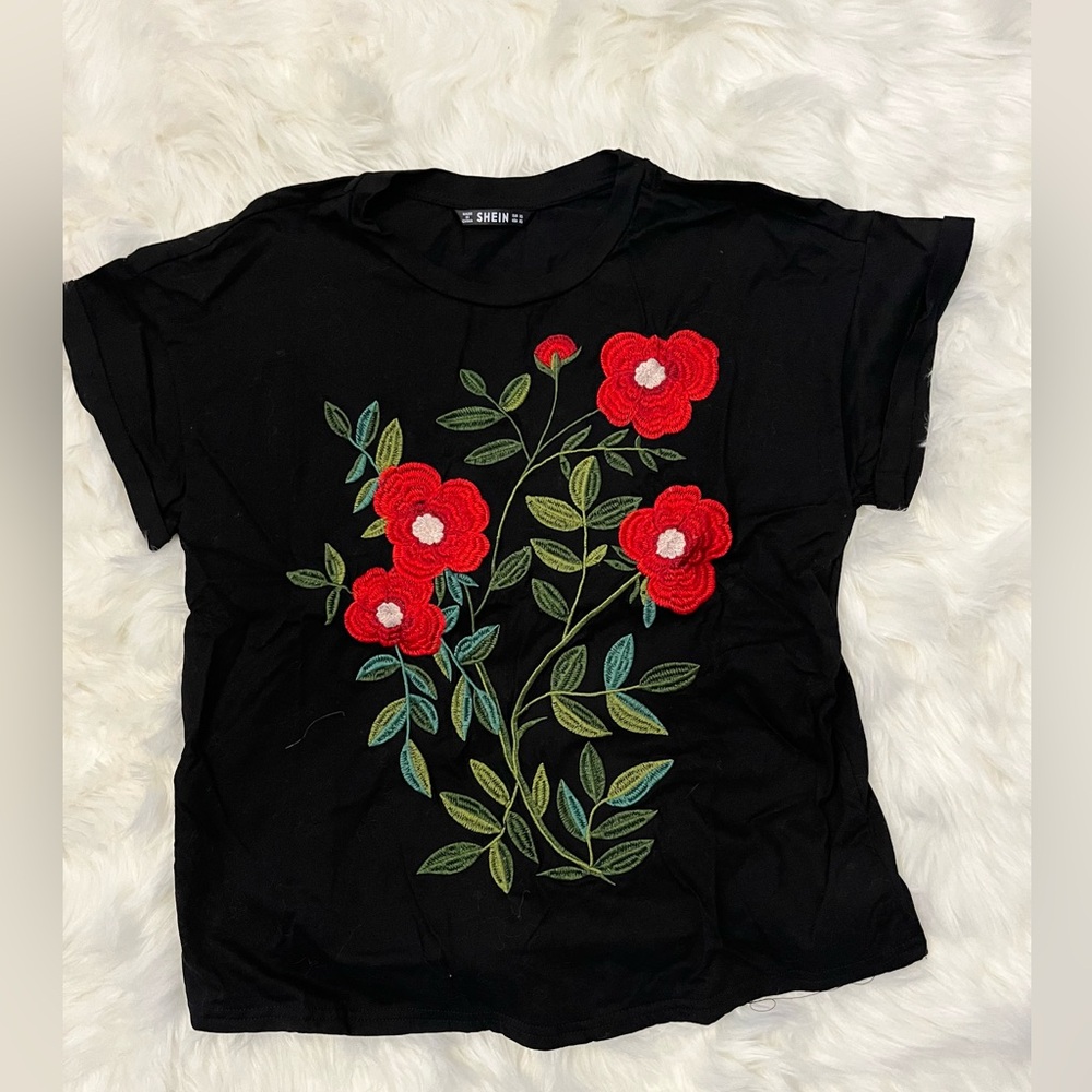 SHEIN black and red rose embroidered tshirt